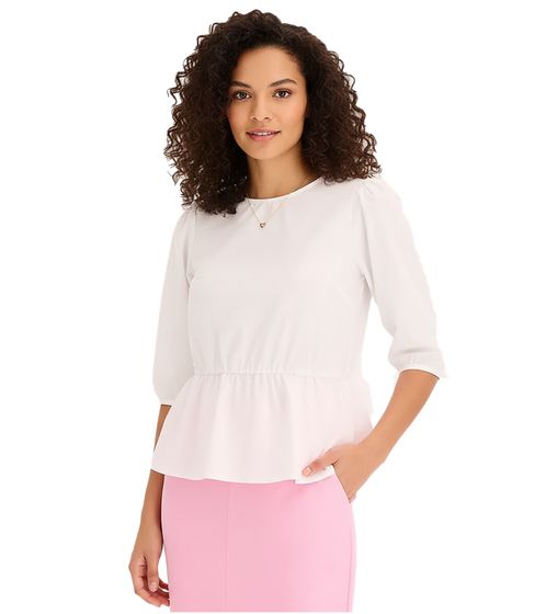 Women's Summer Blouse, Round Neck Blouse with 3/4 Sleeves and Peplum Hem, Cotton Blouse 920934 White