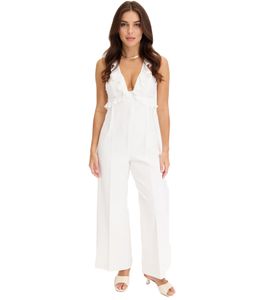 Stylish women's jumpsuit with plunging neckline, chiffon jumpsuit, holiday outfit, 916982, white