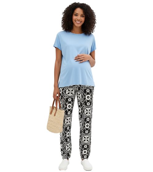 stylische Damen Schwangerschafts-Hose Umstandshose mit Blumen-Muster Umstandsmode 938357 Schwarz/Weiß