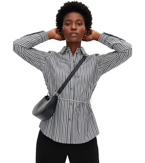Timeless women's summer blouse with tie belt, long-sleeved cotton blouse, 926101, gray/white
