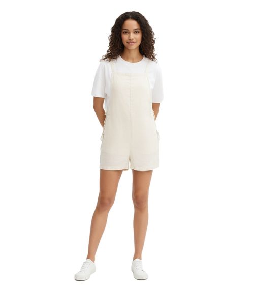 Short women's jumpsuit with laces made of an airy linen blend, summer suit, 696075 beige