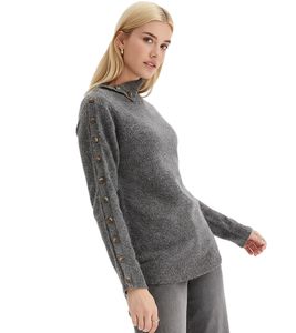 Damen Rollkragenpullover mit geknöpften Ärmeln Strick-Pullover 950937 Grau Damen Rollkragenpullover mit geknöpften Ärmeln Strick-Pullover 950937 Grau
