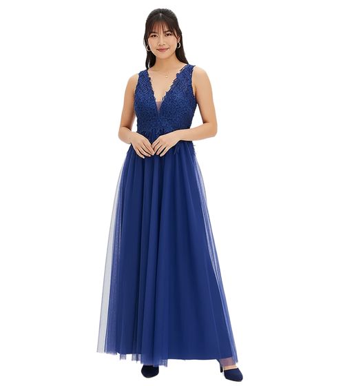 romantisches Damen Braut-Kleid mit schöner Spitze und Chiffonrock Maxi-Kleid 979020 Blau