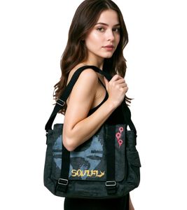 Soulfly Metal-Band Messenger Bag Umhänge-Tasche mit Logo-Stickerei Baumwoll-Accessoire Schwarz