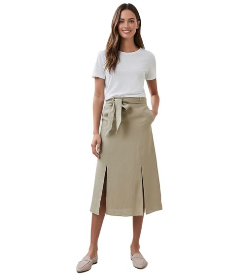 Romantic women's summer skirt with a tie belt made of pure linen, midi skirt 927542, khaki