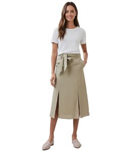 Romantic women's summer skirt with a tie belt made of pure linen, midi skirt 927542, khaki Romantic women's summer skirt with a tie belt made of pure linen, midi skirt 927542, khaki