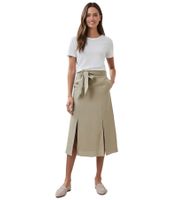 Gonna estiva romantica da donna con cintura in puro lino, gonna midi 927542, kaki