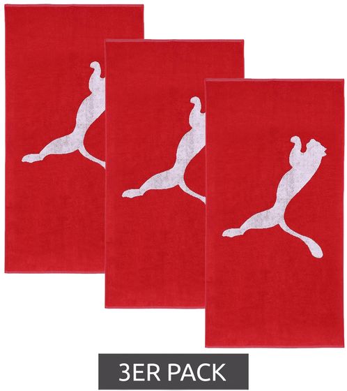 3er Pack PUMA Baumwoll-Badetuch Frottee-Handtuch mit großem Marken-Logo Sport-Handtuch 50cm x 100cm 054553 02 Rot