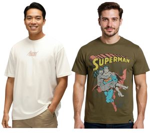 RE:COVERED X SUPERMAN DC Men's T-Shirt with Comic Print, Cotton Crew Neck Shirt RCWARN55 in Ecru-White or Khaki