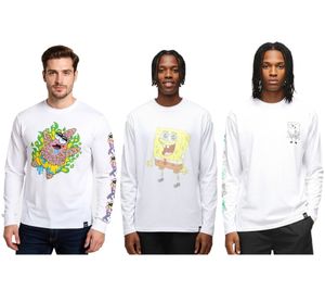 Maglia a maniche lunghe da uomo RE:COVERED X Nickelodeon con varie stampe, girocollo in cotone, con stampa SpongeBob SquarePants, bianca
