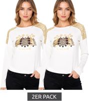 Jersey navideño para mujer con lentejuelas y cuello redondo, jersey de árbol de Navidad, camisa de manga larga con purpurina, 951396 blanco (paquete de 2)