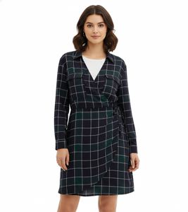 weich fließendes Damen Mini-Kleid kariertes Wickel-Kleid mit Hemdkragen 914043 Blau