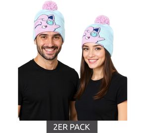Pack de 2: Gorro de POKEMON con pompón y diseño Jigglypuff, gorro de juego, gorro de punto, artículo para fans KC160211POK, azul/rosa