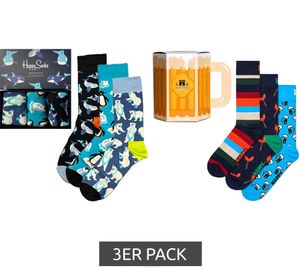 3 paia di calzini in cotone Happy Socks in confezione regalo "Polar Edition" con orsi polari, pinguini e balene in blu/blu navy/nero o "Sausage & Beer" con salsiccia, birra e righe in blu/blu navy/rosso