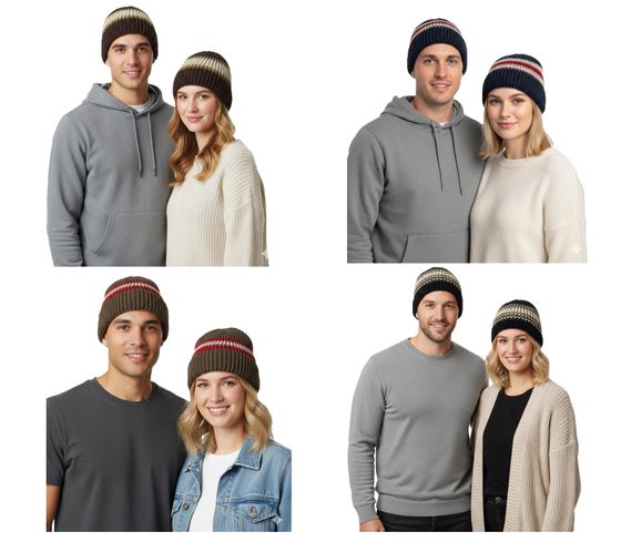 Trust Co Unisex Crochet Winter Hat, Soft Knit Hat with Stripes, Cotton Hat, Navy/White, Brown/White, Khaki/White, or Navy/Red