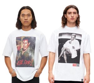 RE:COVERED X Studio Canal Men's T-Shirt EVIL DEAD 2 or BASIC INSTINCT Cotton Shirt with Large Print, Crew Neck, RCSTC12 White