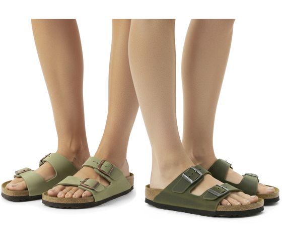 BIRKENSTOCK Arizona Nubukleder-Schlappen Damen und Herren Pantoletten Made in Germany schmale Breite Weichfußbett 352203 oder 1027039 in Braun oder Khaki