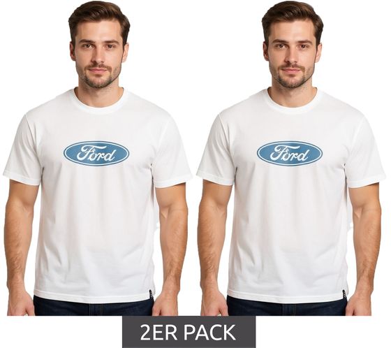 2er Sparpack RE:COVERED X FORD Herren T-Shirt mit Ford Torino-Print Baumwoll-Shirt Rundhals-Shirt RCFRD504 Ecru-Weiß