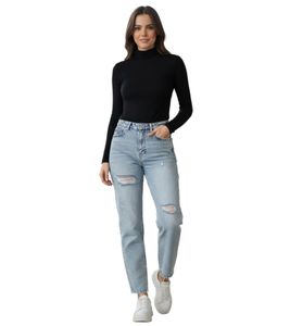 UNEFFECTED women's destroyed jeans straight fit light blue cotton in a used look