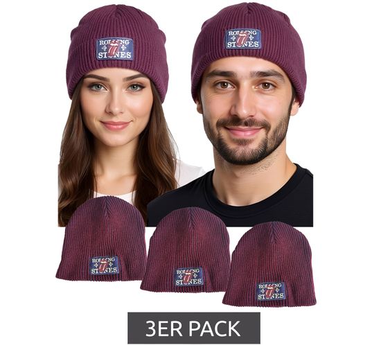 Rolling Stones Beanie 3-Pack: Cozy Spring Hat, Comfortable Knitted Beanie, Fan Item KC100589RST, Wine Red/Blue