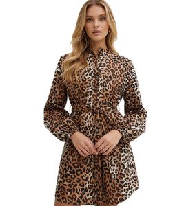 Women's Blouse Dress Midi Dress with Leopard Print Shirt Dress 974466 Brown/Black