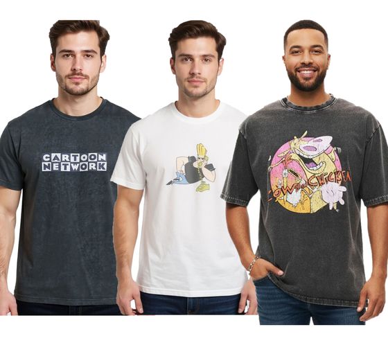 RE:COVERED X Cartoon Network Men's T-Shirt with Comic Print, Cotton Crew Neck, Gray or White