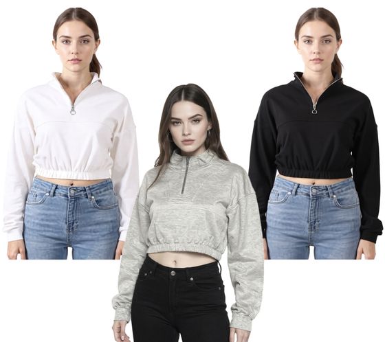 ZEGY Women's Crop Sweater Half Zip Long Sleeve Cotton Cropped Sweater 1073 in White, Black, or Silver