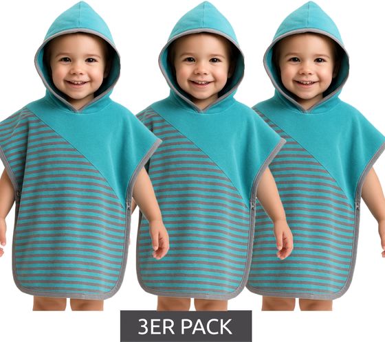 3-pack VOSSEN Toddler Baby Bath Poncho made of cotton with a striped print, 110/140cm Bathrobe, Dressing Gown, 1702940001 Blue/Gray