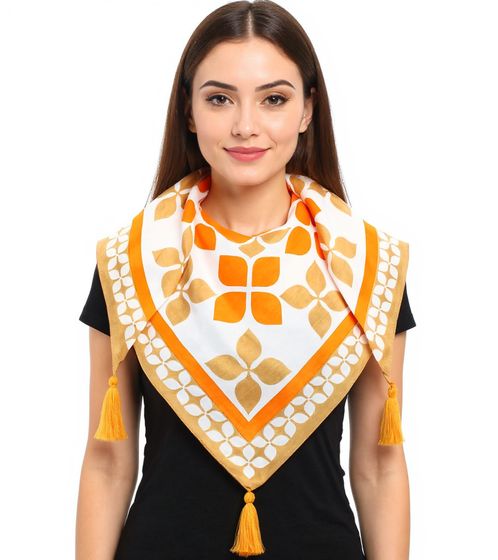 ZWILLINGSHERZ Graphic Print Triangular Scarf with Abstract Floral Pattern, Fashion Scarf 30020-29 Beige/Orange/White