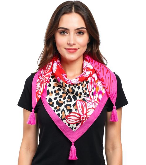 ZWILLINGSHERZ Wild Flower Leopard Triangular Scarf with Animal Print and Flowers, Fashion Scarf 3014D-0204-14 Pink/Multicolored