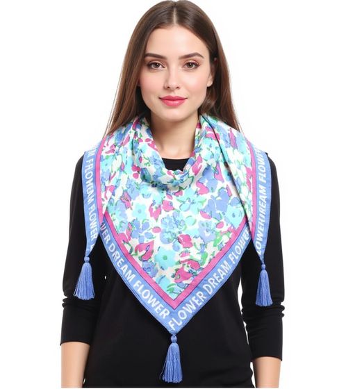 ZWILLINGSHERZ Flower Meadow Triangular Scarf with Floral Print and Lettering, Fashion Scarf 3014D-0107-85 Blue/Pink/White
