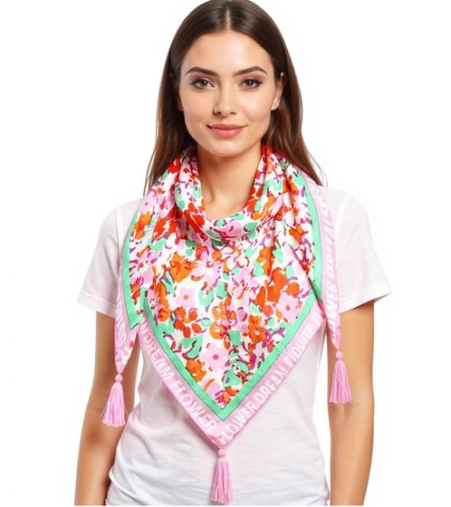 ZWILLINGSHERZ Flower Meadow Triangular Scarf with Floral Print and Lettering, Fashion Scarf 3014D-0107-95 Orange/Pink/Green