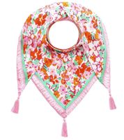 Foulard triangulaire ZWILLINGSHERZ « Prairie fleurie » à imprimé floral et inscription, foulard tendance 3014D-0107-95 Orange/Rose/Vert Foulard triangulaire ZWILLINGSHERZ « Prairie fleurie » à imprimé floral et inscription, foulard tendance 3014D-0107-95 Orange/Rose/Vert