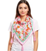 Foulard triangulaire ZWILLINGSHERZ « Prairie fleurie » à imprimé floral et inscription, foulard tendance 3014D-0107-95 Orange/Rose/Vert Foulard triangulaire ZWILLINGSHERZ « Prairie fleurie » à imprimé floral et inscription, foulard tendance 3014D-0107-95 Orange/Rose/Vert