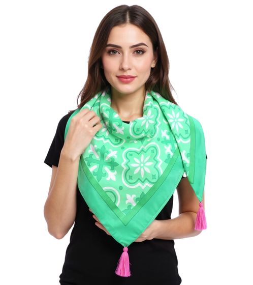 ZWILLINGSHERZ Antique Triangular Scarf with Ornaments and Fringes Fashion Scarf 3014D-3010-64 Green/Pink/White