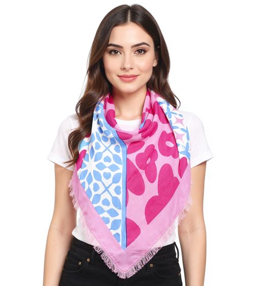 ZWILLINGSHERZ Smile and Shine Triangular Scarf with Floral Pattern and Fringes, Fashion Scarf 3014D-3010-84 Pink/Blue/White
