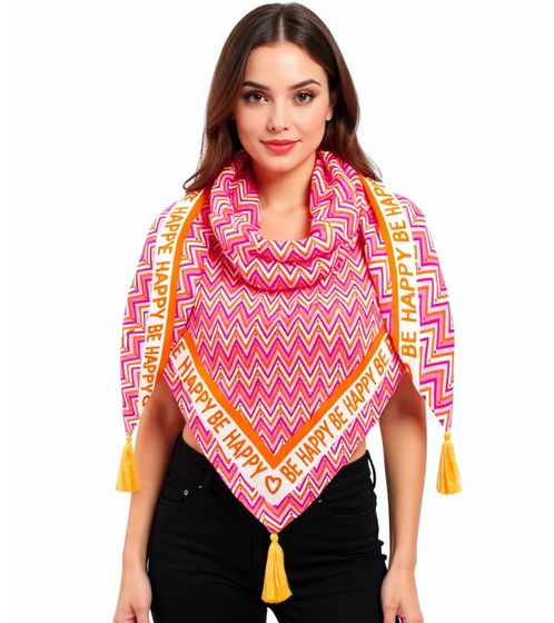 ZWILLINGSHERZ Zigzag Triangle Scarf with Zigzag Pattern and Be Happy Print, Fashion Scarf 3014D-0204-47 Pink/Orange