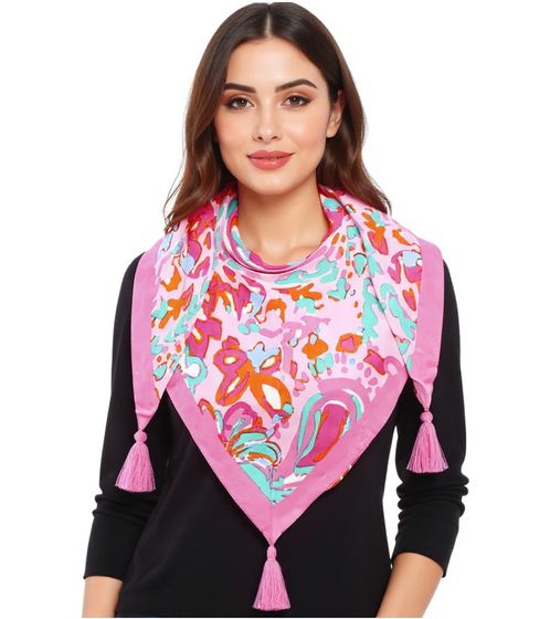 ZWILLINGSHERZ Painted Art Triangular Scarf with Flowers and Tassels, Fashion Scarf 3014D-3010-9 Pink/Orange/Blue