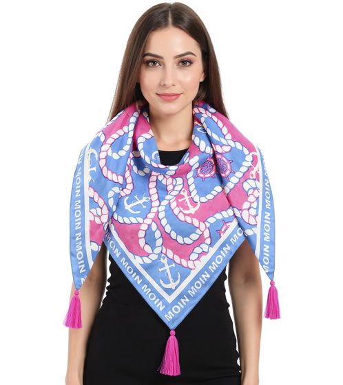 ZWILLINGSHERZ Steering Wheel Triangular Scarf in a Maritime Design with Moin Moin Lettering, Fashion Scarf 3014D-1011-8 Blue/Pink/White