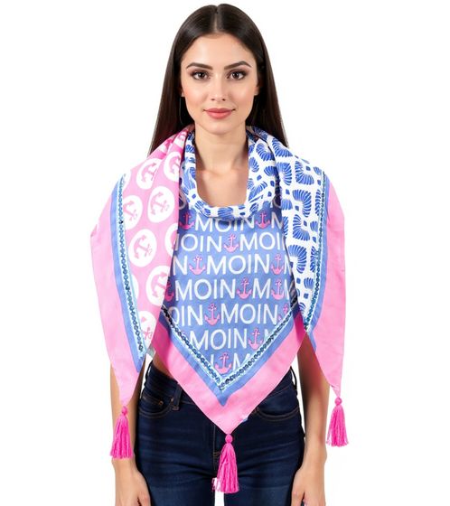 ZWILLINGSHERZ Pattern Mix Triangular Scarf in a Maritime Design with Moin Moin Lettering, Fashion Scarf 3014D-0703-18 Blue/Pink/White