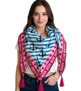 ZWILLINGSHERZ Mustermix Dreiecks-Tuch im maritimen Design und Moin Moin Schriftzug Mode-Tuch 3014D-0703-27 Blau/Pink/Weiß ZWILLINGSHERZ Mustermix Dreiecks-Tuch im maritimen Design und Moin Moin Schriftzug Mode-Tuch 3014D-0703-27 Blau/Pink/Weiß