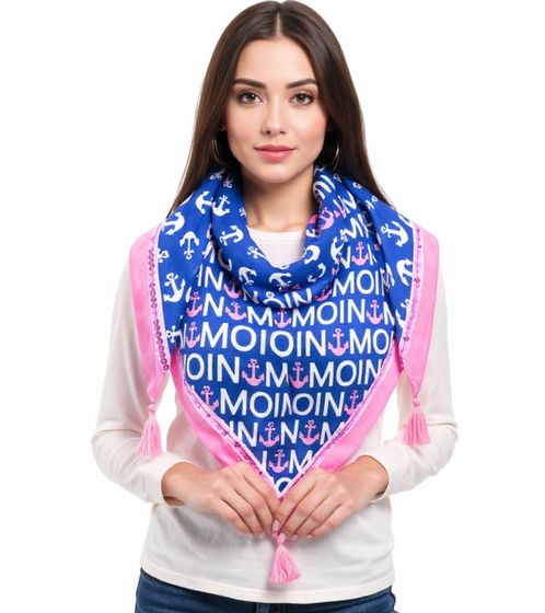 ZWILLINGSHERZ Heart Anchor Triangular Scarf in a Maritime Design with Moin Moin Lettering, Fashion Scarf 3014D-0703-89 Blue/Pink/White