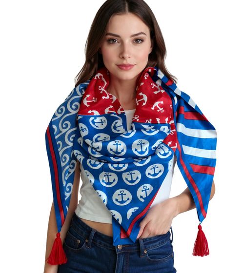 ZWILLINGSHERZ Anchor Waves Triangular Scarf in a Maritime Design with Stripes, Fashion Scarf 3014D-0703-15 Blue/Red/White