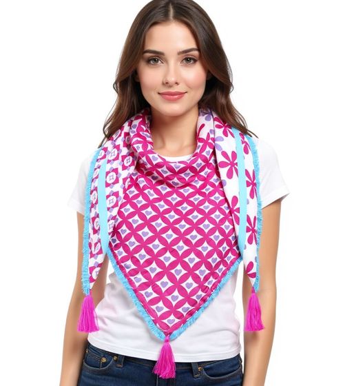 ZWILLINGSHERZ Alwine Square Scarf with Hearts and Flowers Fashion Scarf 3016Q-1008-7 Turquoise/Pink/White