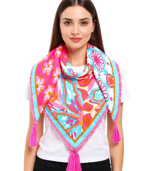 ZWILLINGSHERZ Flower Power Square Scarf with Retro-Look Flowers, Fashion Scarf 3016Q-0609-88 Pink/Turquoise/Multicolored