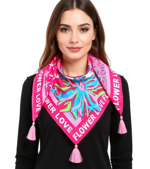 ZWILLINGSHERZ Flower Love Square Scarf with Retro-Look Flowers, Fashion Scarf 3016Q-2907-4 Pink/Turquoise/Multicolored