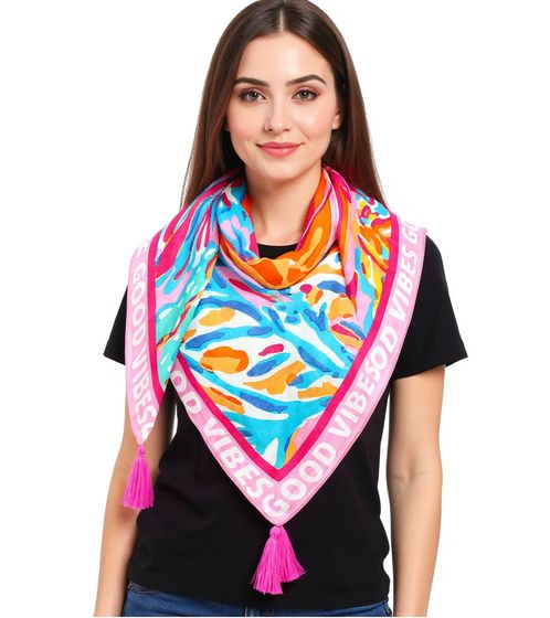 ZWILLINGSHERZ Coral Reef Square Scarf with Corals and Good Vibes Print, Fashion Scarf 3016Q-2907-21 Pink/Multicolored
