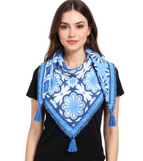 ZWILLINGSHERZ Be Happy Square Scarf with Flowers and Ornaments, Fashion Scarf 3016Q-0609-89 Blue/White