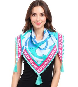 Bufanda cuadrada ZWILLINGSHERZ Ocean con anclas y la inscripción Moin Moin, bufanda de moda 3016Q-0208-69 Azul/Rosa/Menta Bufanda cuadrada ZWILLINGSHERZ Ocean con anclas y la inscripción Moin Moin, bufanda de moda 3016Q-0208-69 Azul/Rosa/Menta