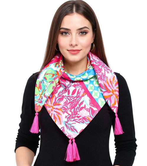 ZWILLINGSHERZ Hawaiian Flower Square Scarf with Flowers and Ornaments Fashion Scarf 3016Q-2907-90 Pink/Blue/Multicolored